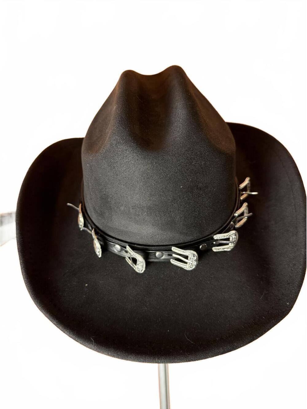 New NWT Hot Topic Black Western Cowboy Hat with Silver belt Buckle Band